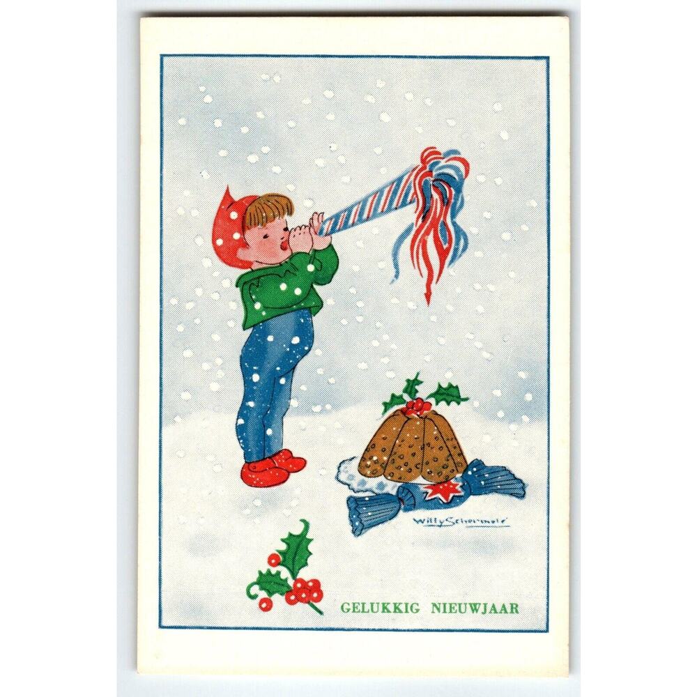 Fantasy Postcard Fairy Boy Blows Horn Pudding Snow Willy Schermele Dutch Artist